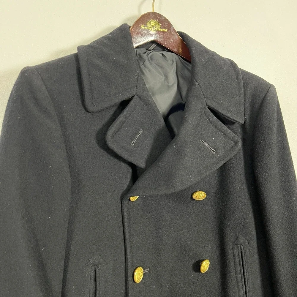 Mens Black Double Breasted Wool‎ Peacoat Military Style Gold Buttons 34S